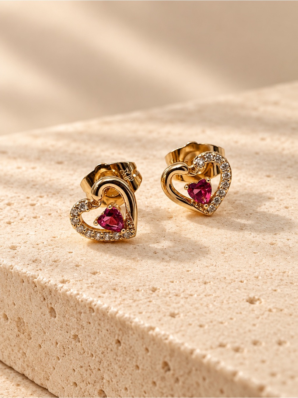 Gold Plated Heart Stud Earrings with Pink Gemstone